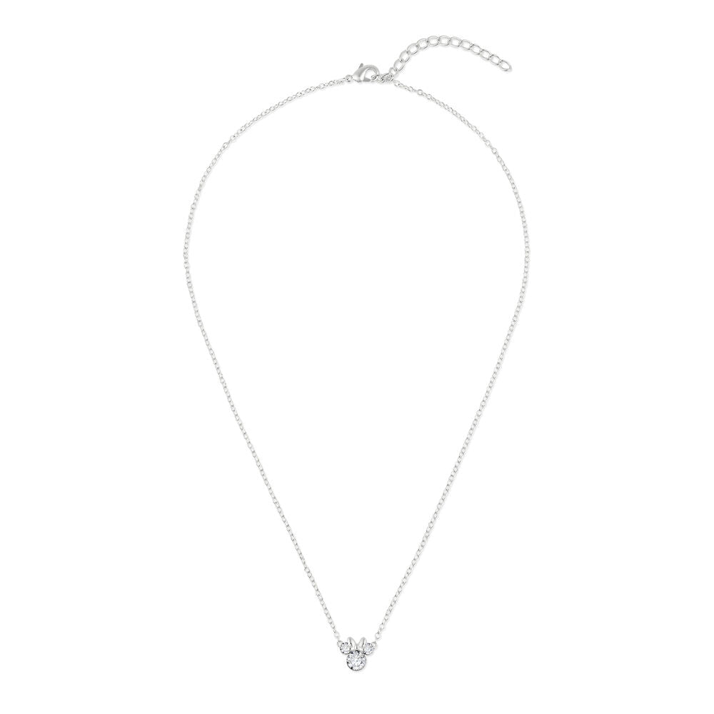 Set complet Minnie Mouse comprenant collier et boucles d'oreilles argentés avec cristaux, disposé sur une surface neutre