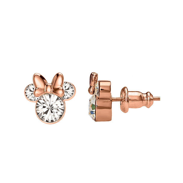 Boucles d'oreilles Disney Minnie plaqué or ornées de cristaux brillants présentées sur support noir