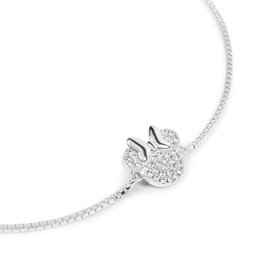 Détail du charm Minnie Mouse en pierre cubic zirconia sur bracelet argenté PEERS HARDY