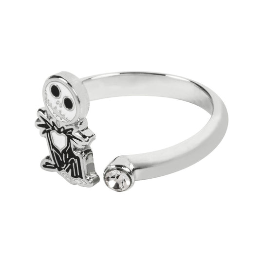 Bague spirale argentée avec Jack Skellington et pierre claire vue de face sur fond blanc