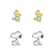 Boucles d'oreilles Snoopy officielles Peanuts posées sur un fond blanc, mettant en avant les détails du design.