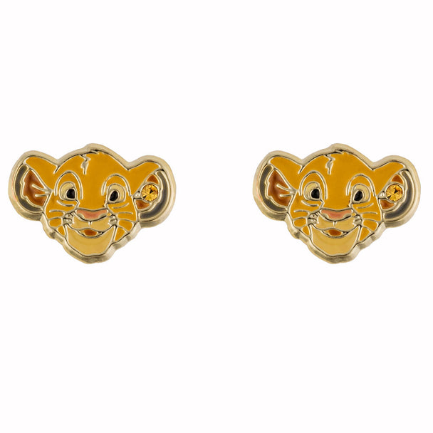 Boucles d'oreilles plaquées or représentant Simba du Roi Lion, vues de face avec détails précis