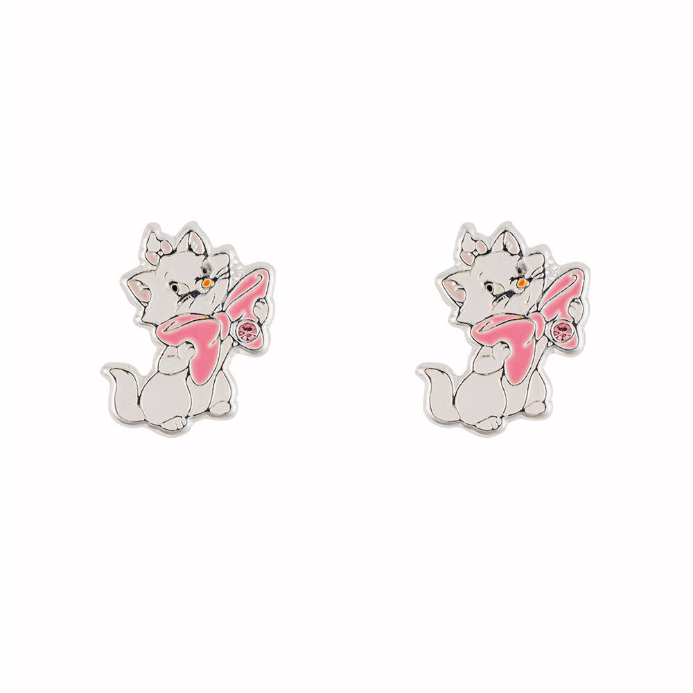 Boucles d'oreilles argentées représentant Marie de The Aristocats avec un nœud rose vibrant, vue de face sur fond blanc