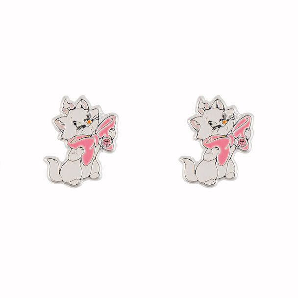 Boucles d'oreilles argentées représentant Marie de The Aristocats avec un nœud rose vibrant, vue de face sur fond blanc