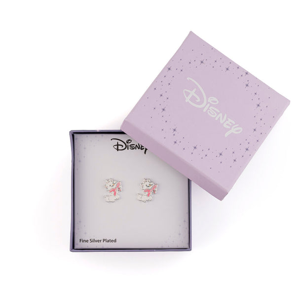 Détail des boucles d'oreilles Marie The Aristocats montrant la finition argentée et le design précis du nœud rose