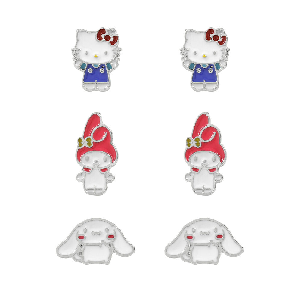 Set de trois paires de boucles d'oreilles Hello Kitty & Friends en argent plaqué avec designs Cinnamoroll, My Melody et Hello Kitty
