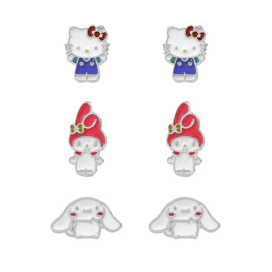 Set de trois paires de boucles d'oreilles Hello Kitty & Friends en argent plaqué avec designs Cinnamoroll, My Melody et Hello Kitty