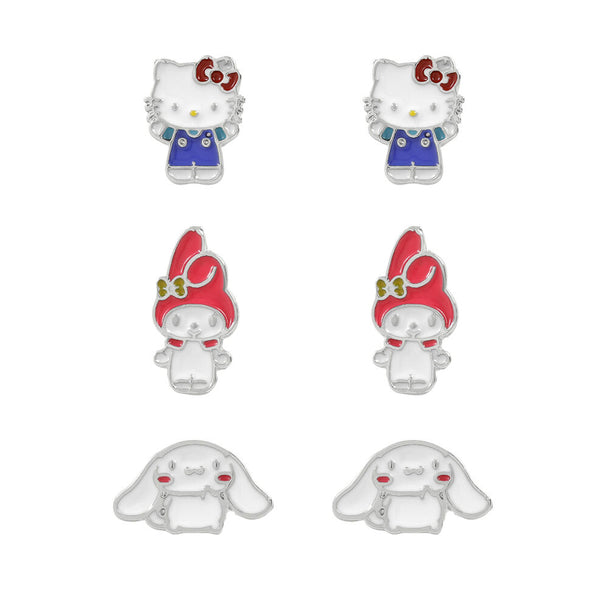Set de trois paires de boucles d'oreilles Hello Kitty & Friends en argent plaqué avec designs Cinnamoroll, My Melody et Hello Kitty