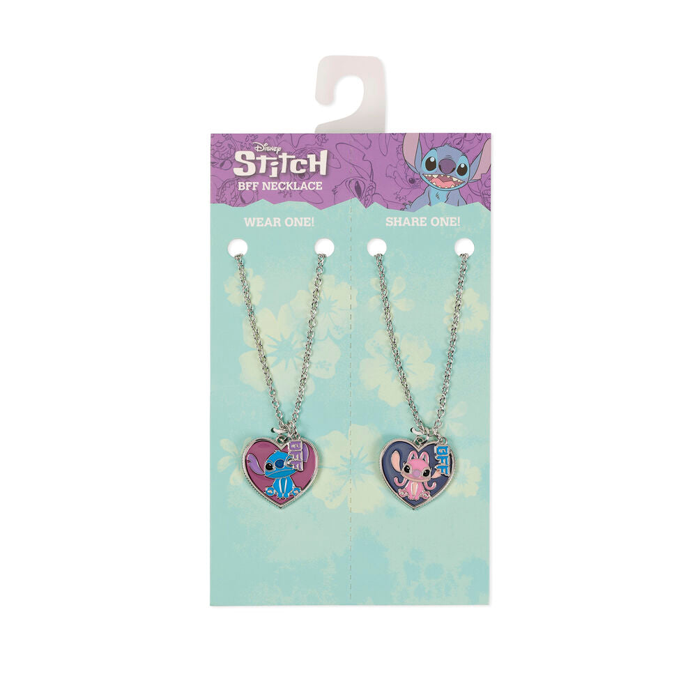 Set complet des deux colliers Angel et Stitch présentés côte à côte sur un support élégant