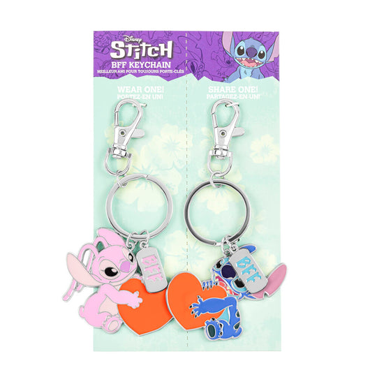 Set complet de 2 porte-clés Disney Minnie Stitch et Angel avec leurs mousquetons sur surface neutre