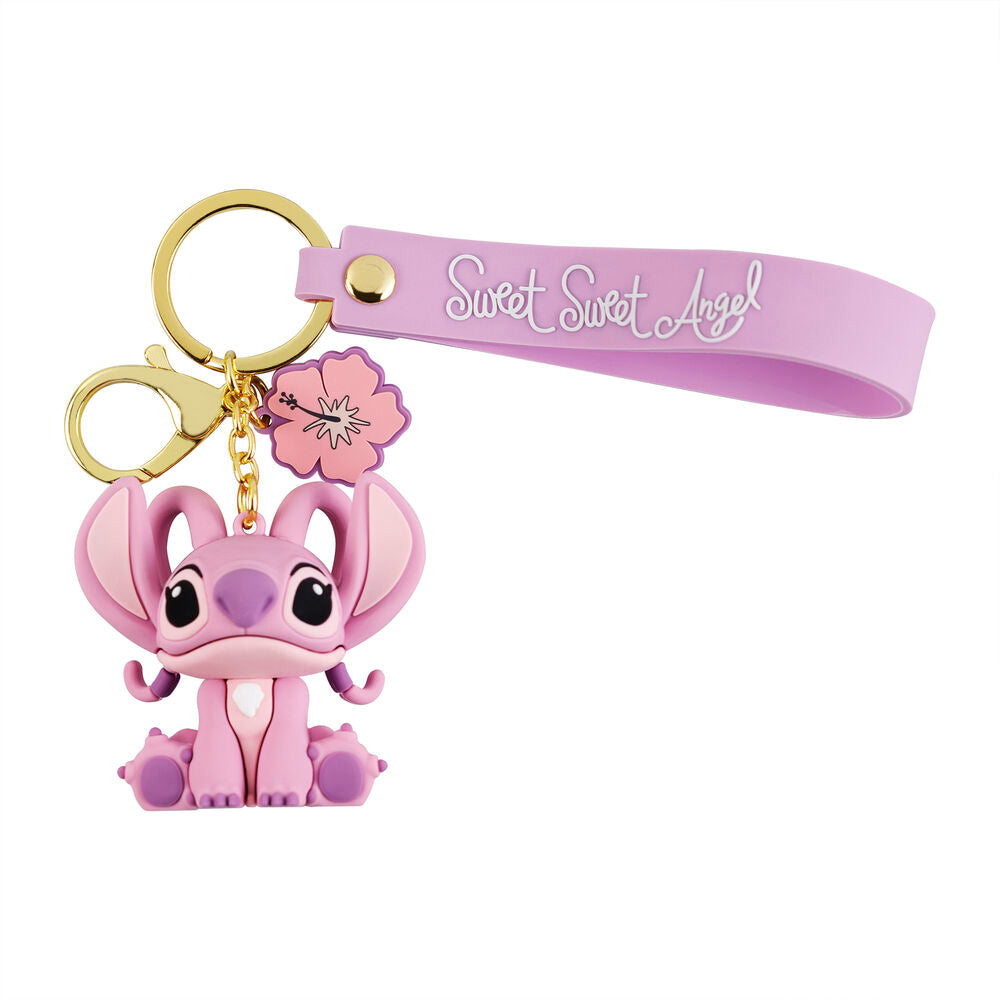 Porte-clés Disney Stitch et Angel avec breloques 3D détaillées sur fond blanc, vue rapprochée