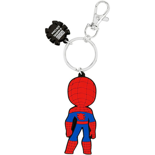 Porte-clés Spiderman en silicone rouge et bleu avec détails précis sur fond blanc