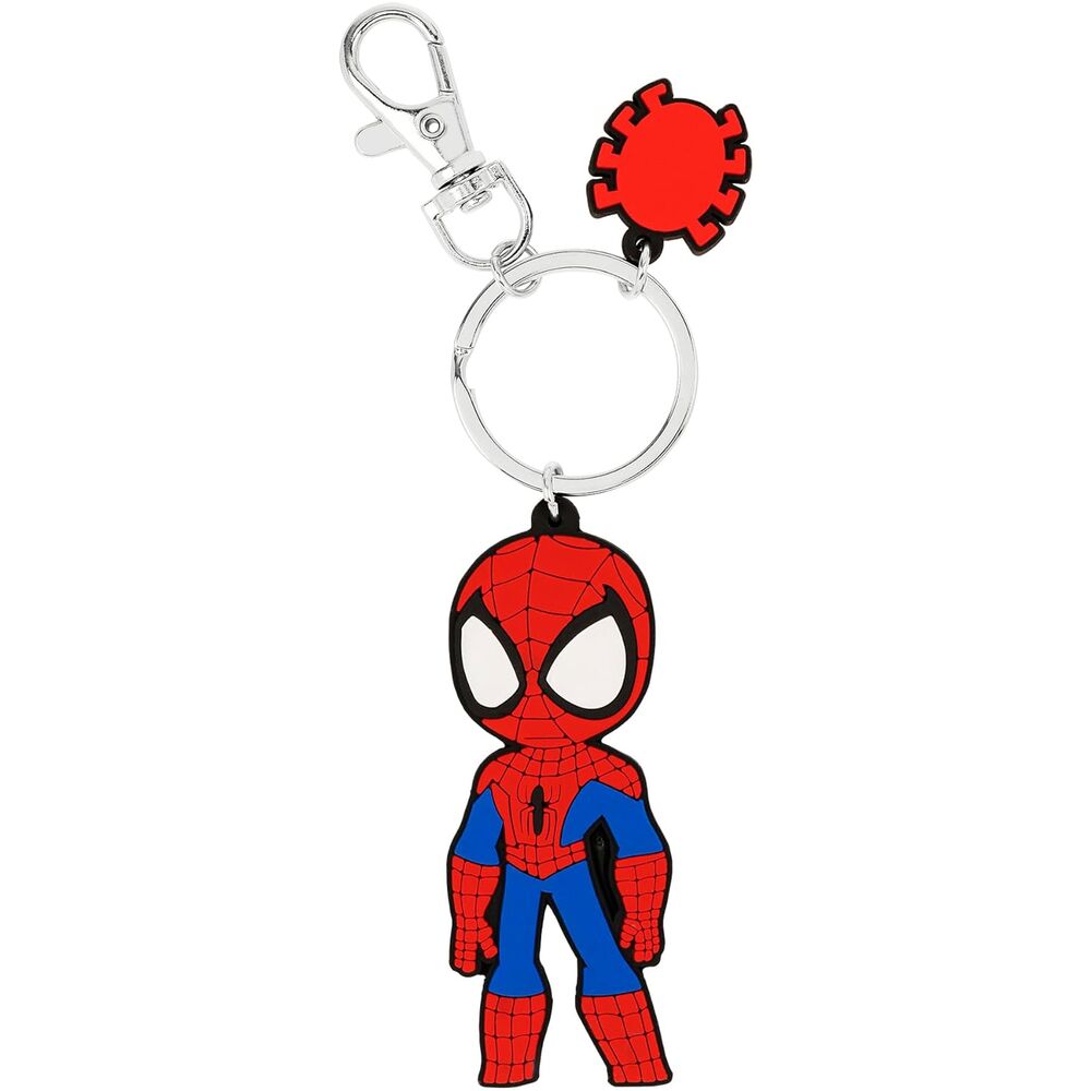 Vue rapprochée du pendentif Spiderman en silicone rouge et bleu avec anneau métallique