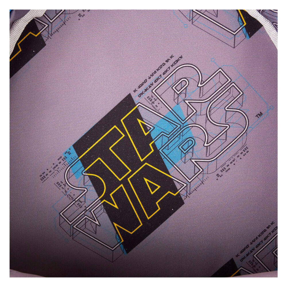 Logo officiel Loungefly au dos du sac à dos Star Wars R2-D2 en gros plan