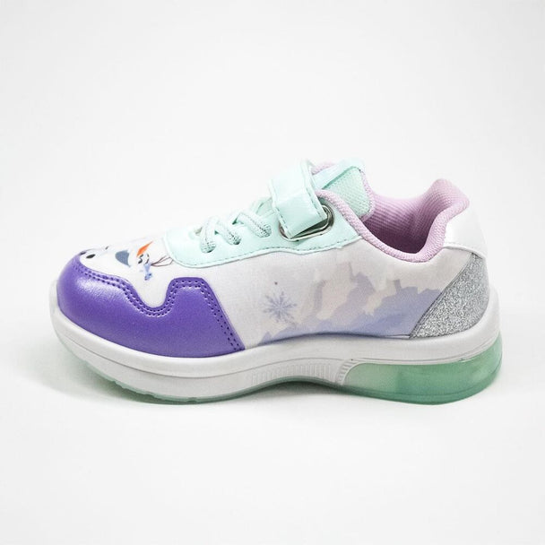 Vue latérale de la chaussure Disney Frozen Lights CERDÁ montrant la composition en PU, polyester et PVC