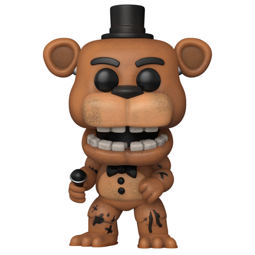 Vue latérale de la figurine POP Withered Freddy montrant les textures usées et les couleurs caractéristiques de Freddy