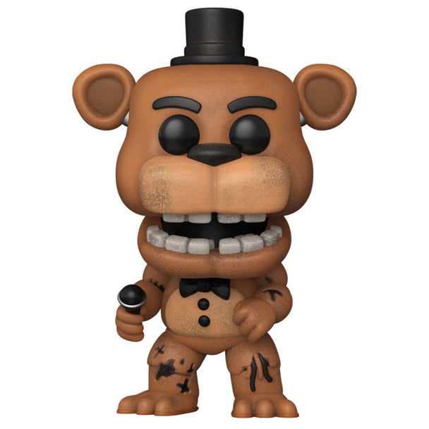Vue latérale de la figurine POP Withered Freddy montrant les textures usées et les couleurs caractéristiques de Freddy