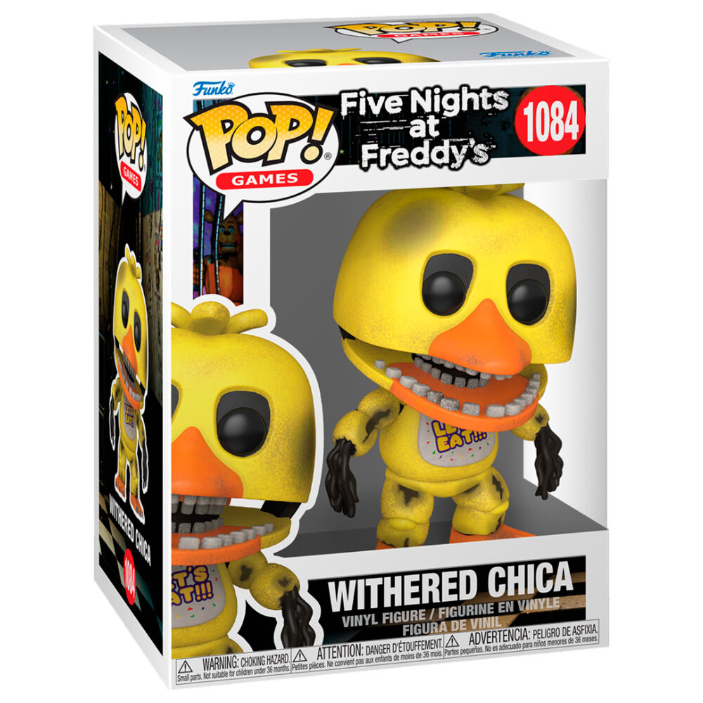 Figurine POP FUNKO Withered Chica de Five Nights at Freddy's vue de face avec détails usés et peinture réaliste