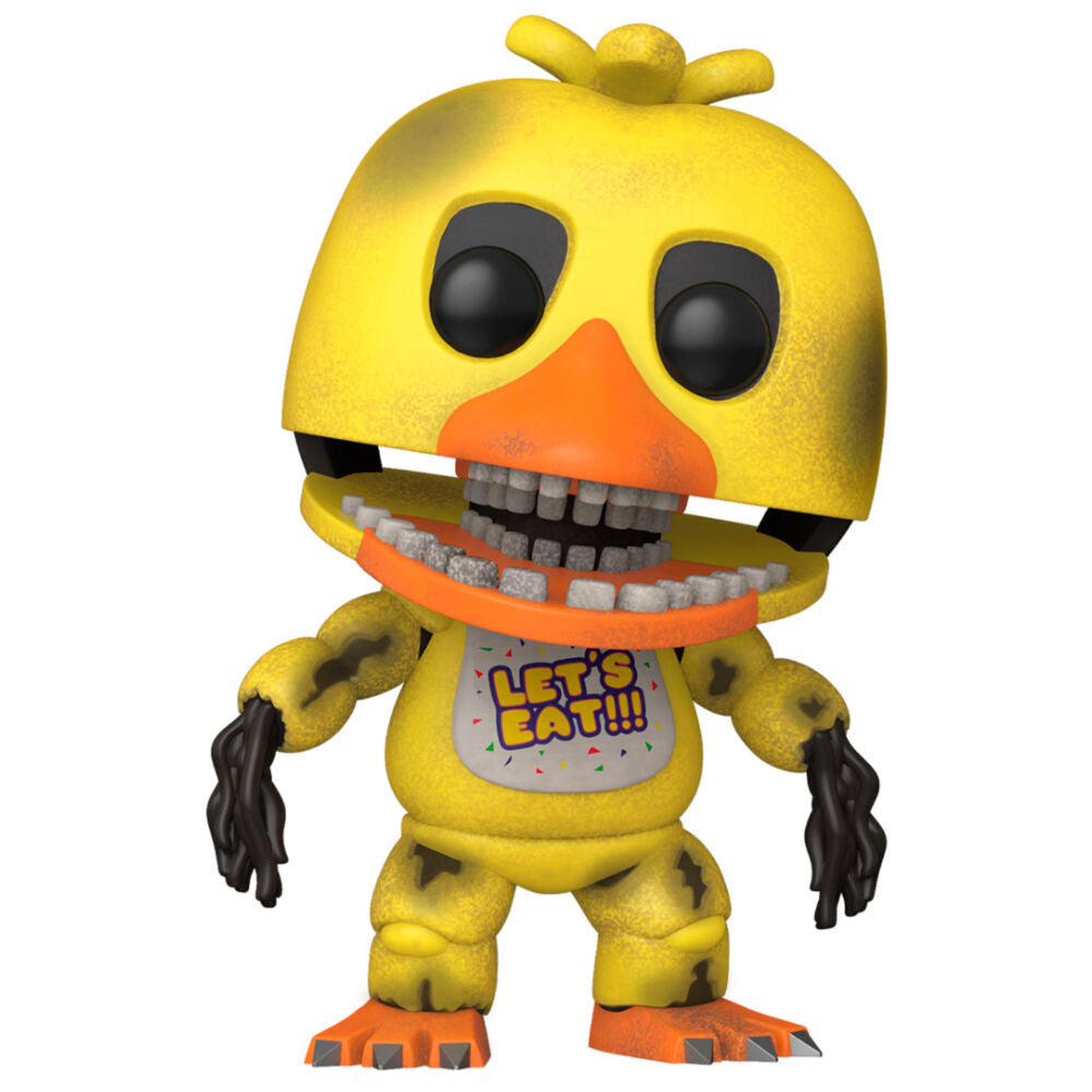 Vue latérale de la figurine POP FUNKO Withered Chica montrant les textures et couleurs caractéristiques du personnage