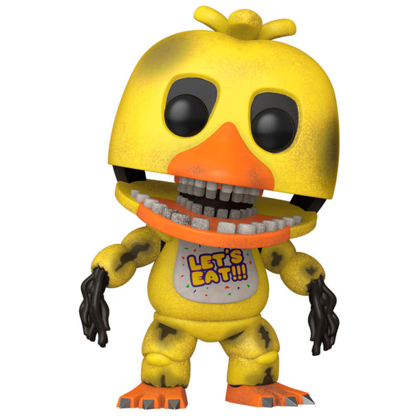 Vue latérale de la figurine POP FUNKO Withered Chica montrant les textures et couleurs caractéristiques du personnage