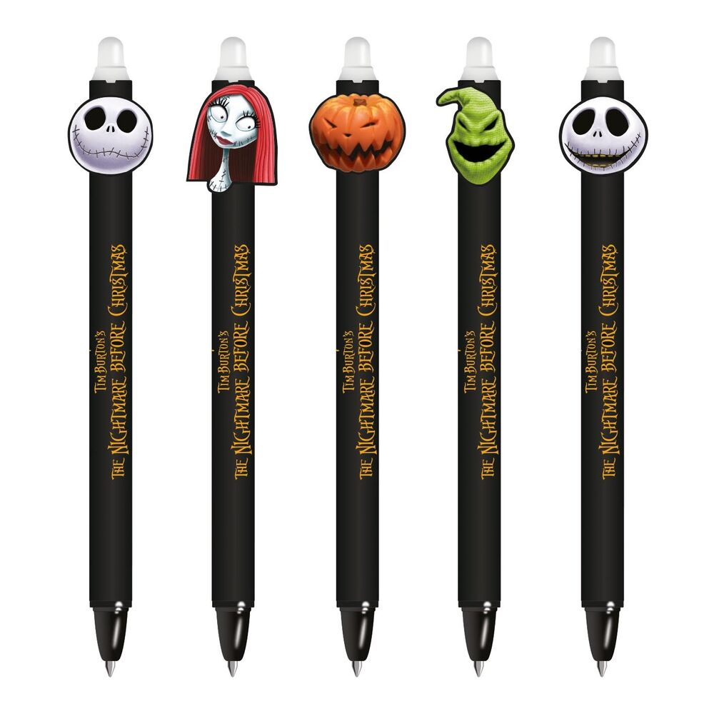 Stylo effaçable Disney Nightmare Before Christmas avec Jack Skellington et Sally sur fond violet, idéal pour l'école.