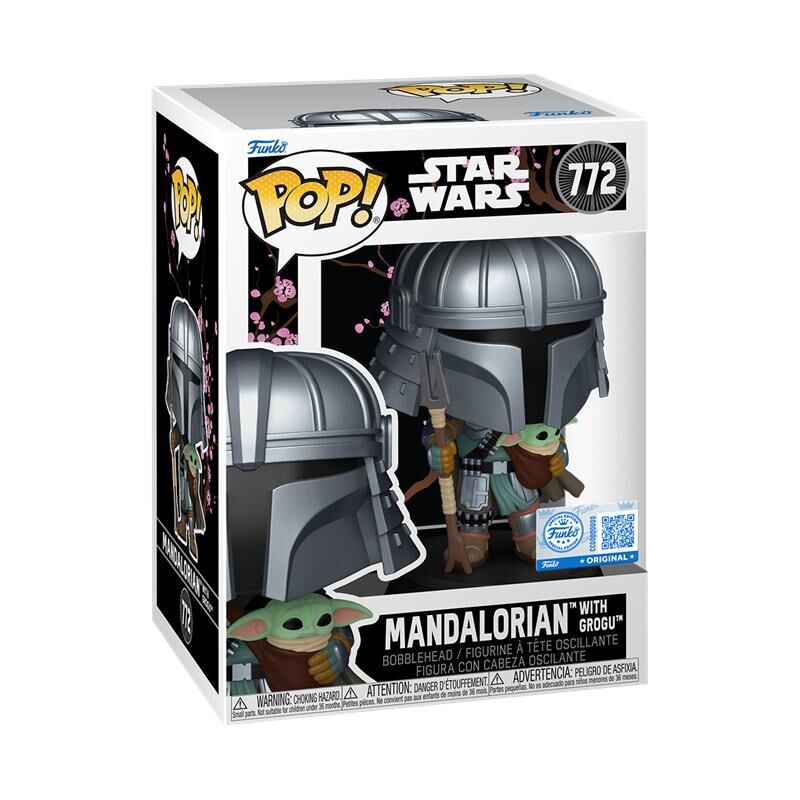 Figurine POP Mandalorian avec Grogu en vinyle exclusive FUNKO, vue de face avec armure détaillée