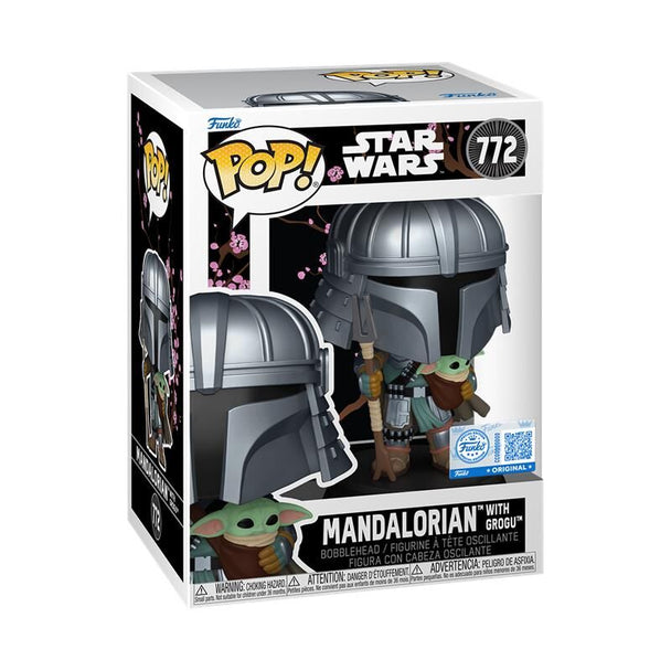 Figurine POP Mandalorian avec Grogu en vinyle exclusive FUNKO, vue de face avec armure détaillée