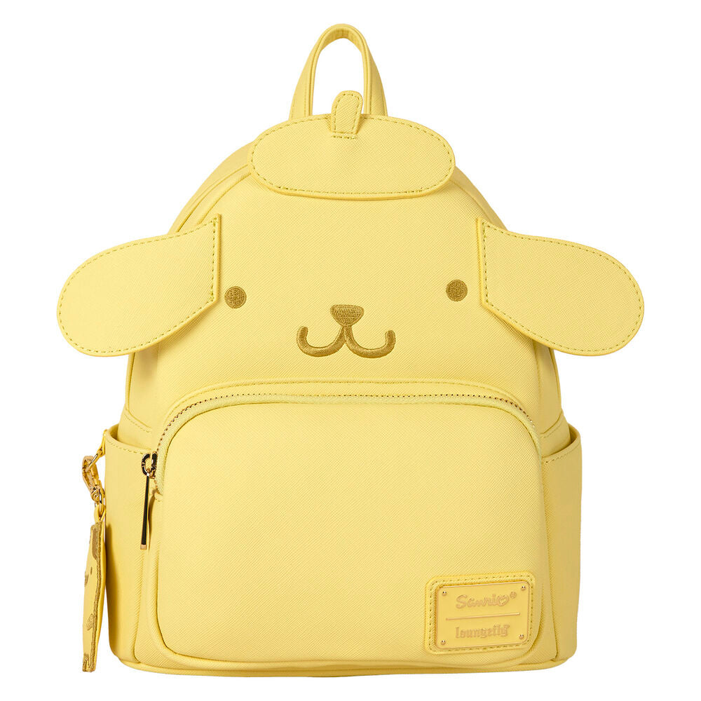 Sac à dos Loungefly Hello Kitty Pompompurin en cuir synthétique texturé vu de face avec poche zippée