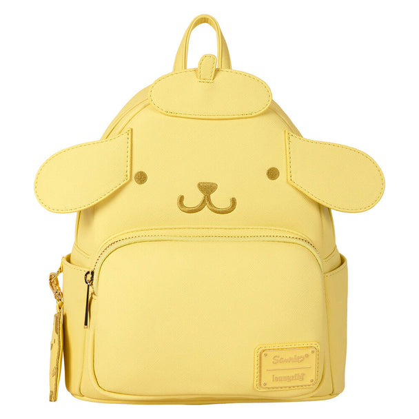 Sac à dos Loungefly Hello Kitty Pompompurin en cuir synthétique texturé vu de face avec poche zippée