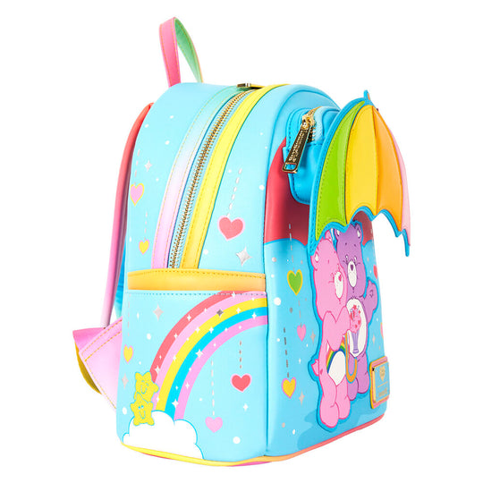 Vue latérale du sac à dos Care Bears montrant la profondeur et les poches latérales