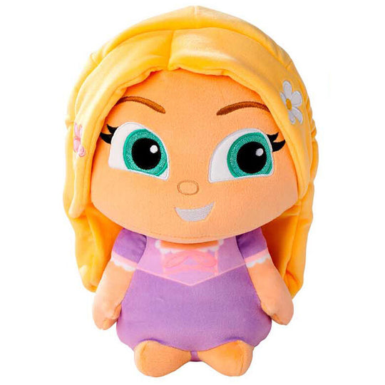 Peluche Raiponce Disney Tangled de 25 cm vue de face avec ses longs cheveux blonds et sa robe violette