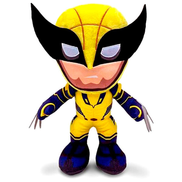 Peluche Wolverine X-Men Marvel de 25cm par SIMBA, vue de face avec détails du costume et griffes.