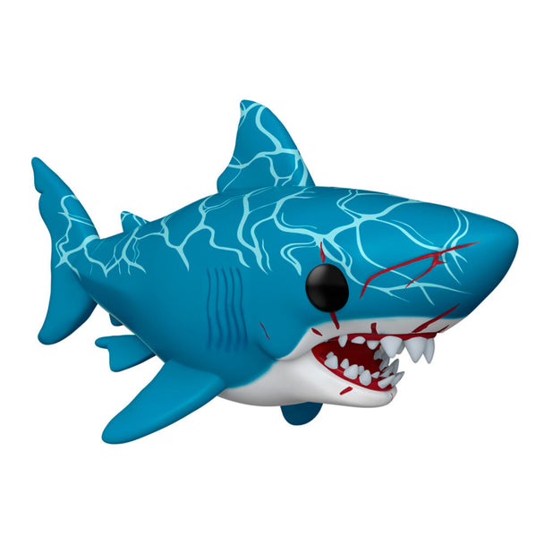 Figurine POP Super Jaws Great White Shark FUNKO présentée sous un angle latéral montrant ses couleurs et textures