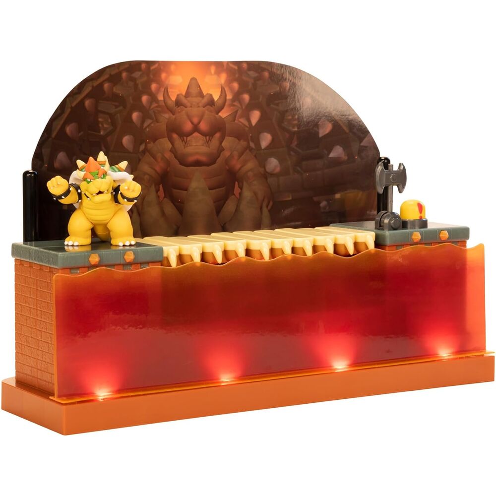 Présentation de la figurine Bowser en position dynamique avec éclairage mettant en valeur ses textures