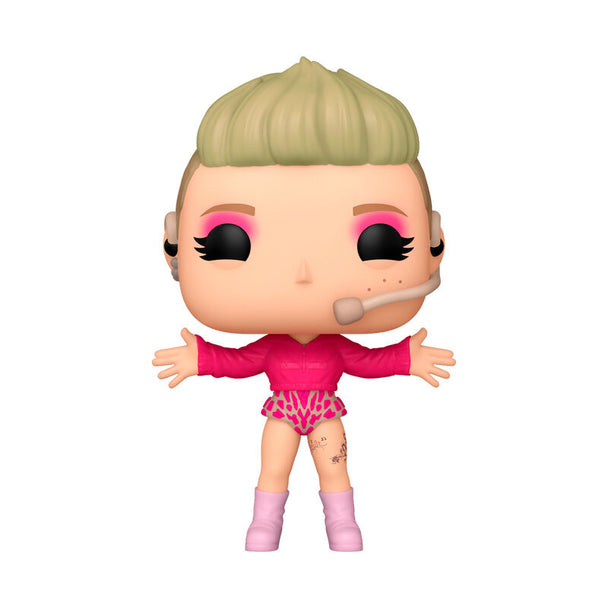 Vue avant de la figurine Funko POP Rocks Pink en vinyle de 9 cm dans sa boîte cadeau colorée