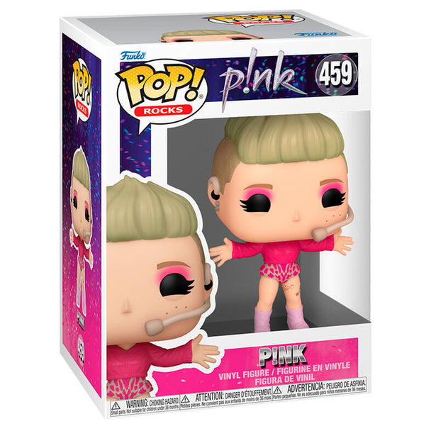 Zoom sur les détails et la finition de la figurine Funko POP Rocks Pink présentée dans son emballage