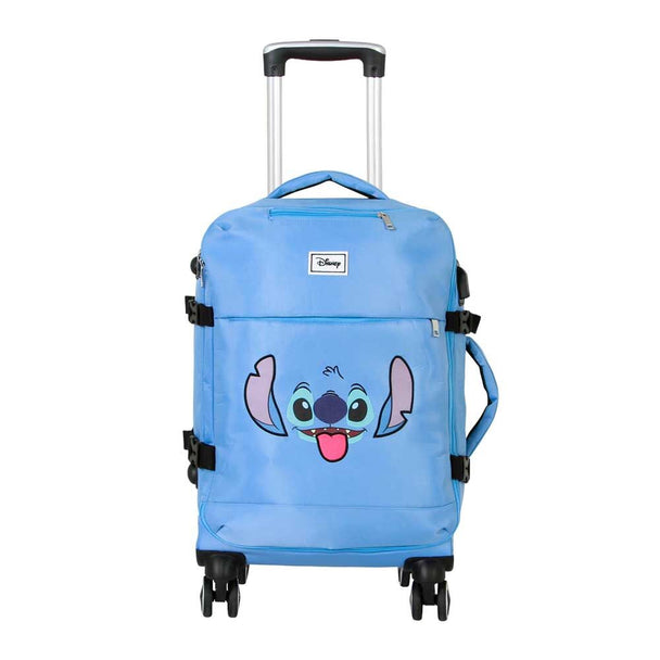 Vue latérale de la valise Stitch avec poche latérale et poignée télescopique déployée