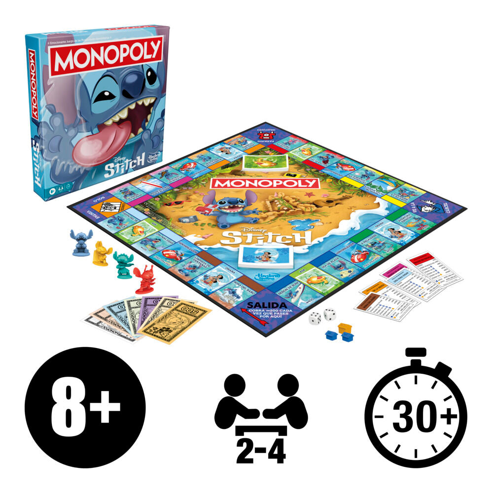 Vue rapprochée des propriétés et maisons sur le plateau Monopoly Disney Stitch