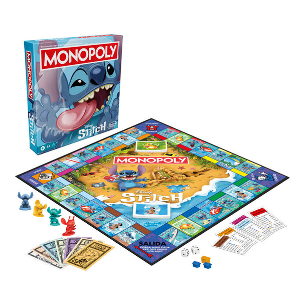 Plateau de jeu Monopoly Disney Stitch coloré avec illustrations de personnages