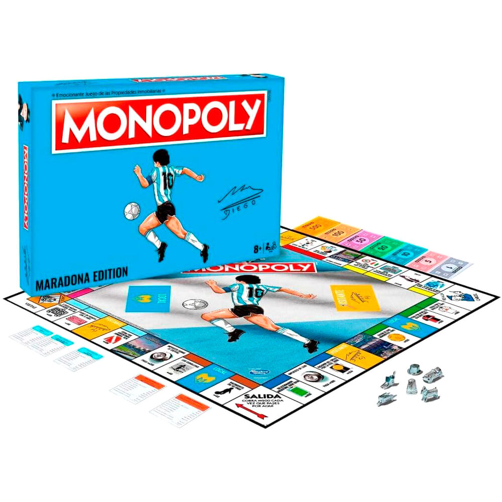 Plateau de jeu Monopoly Maradona montrant les cases, pions et cartes thématiques en espagnol
