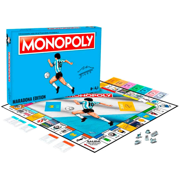 Plateau de jeu Monopoly Maradona montrant les cases, pions et cartes thématiques en espagnol