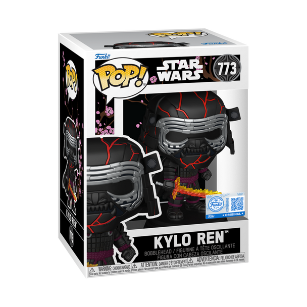 Figurine Funko POP Kylo Ren exclusive avec armure rouge et noire, vue de face sur fond blanc