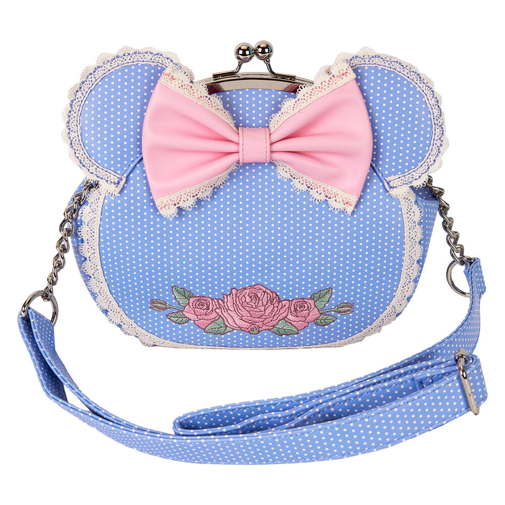 Vue de face du sac à épaule Loungefly Disney Minnie Floral avec détails en cuir synthétique et nœuds 3D