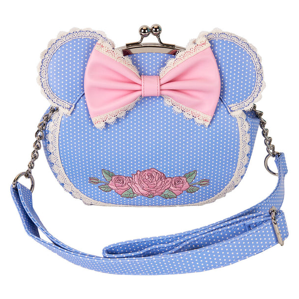 Vue de face du sac à épaule Loungefly Disney Minnie Floral avec détails en cuir synthétique et nœuds 3D