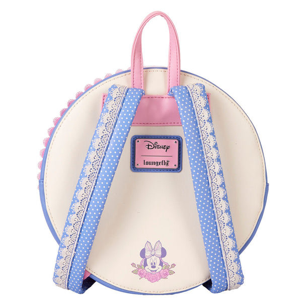 Vue avant du sac à dos Loungefly Disney Minnie Floral avec motifs floraux et détails en dentelle