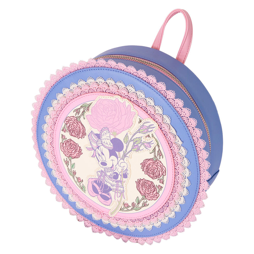 Intérieur doublé assorti avec motifs floraux visibles à l'ouverture du sac Loungefly Minnie