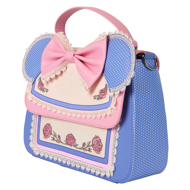 Détail des broderies et applications florales sur le sac Loungefly Disney Minnie Floral en gros plan