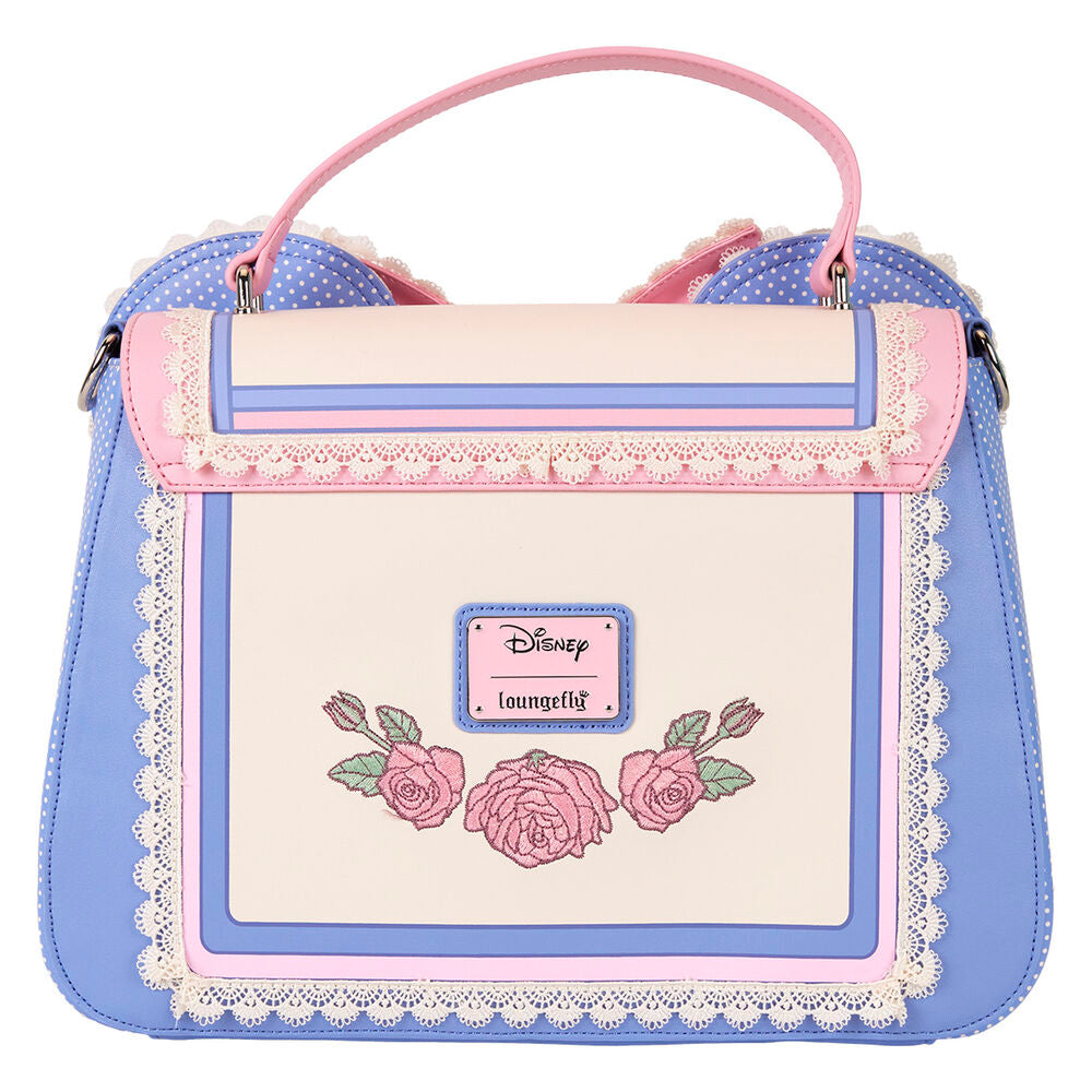 Gros plan sur les nœuds 3D et la dentelle délicate décorant le sac à épaule Disney Minnie Floral