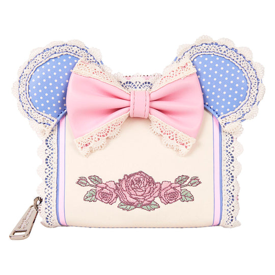 Vue avant du portefeuille Loungefly Disney Minnie Floral en cuir synthétique avec motifs floraux et nœud 3D