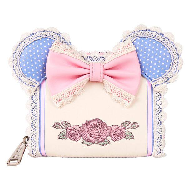 Vue avant du portefeuille Loungefly Disney Minnie Floral en cuir synthétique avec motifs floraux et nœud 3D
